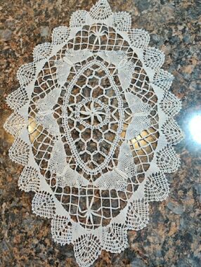 Vintage 40s Handmade Oval 17" X 11” White Crochet Granny Butterfly Table Doily